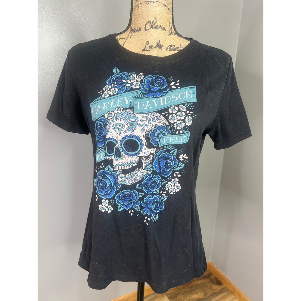 black Harley-Davidson Women's Day of the Dead style t-shirt Sugar skull floral